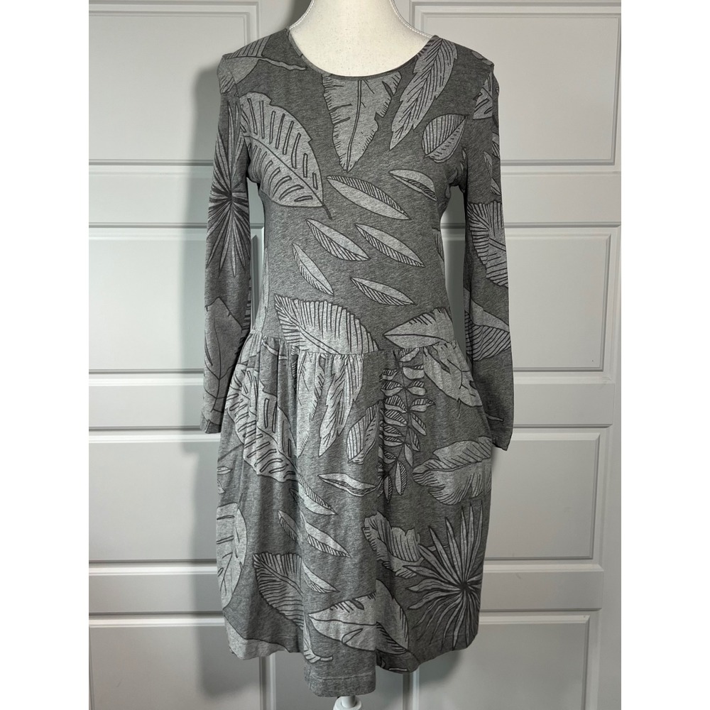 Gap‎ Women's Gray Leaf Print Long Sleeve Drop Waist Pocket Dress Size S